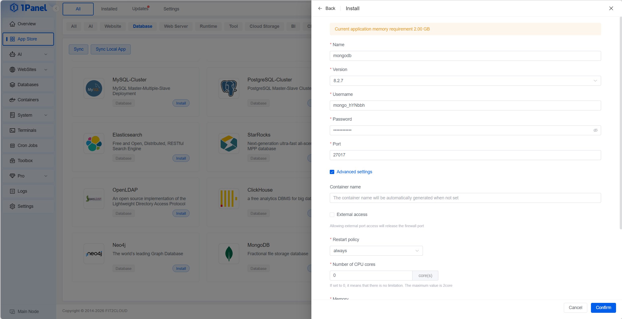 1Panel App Store - Install MongoDB