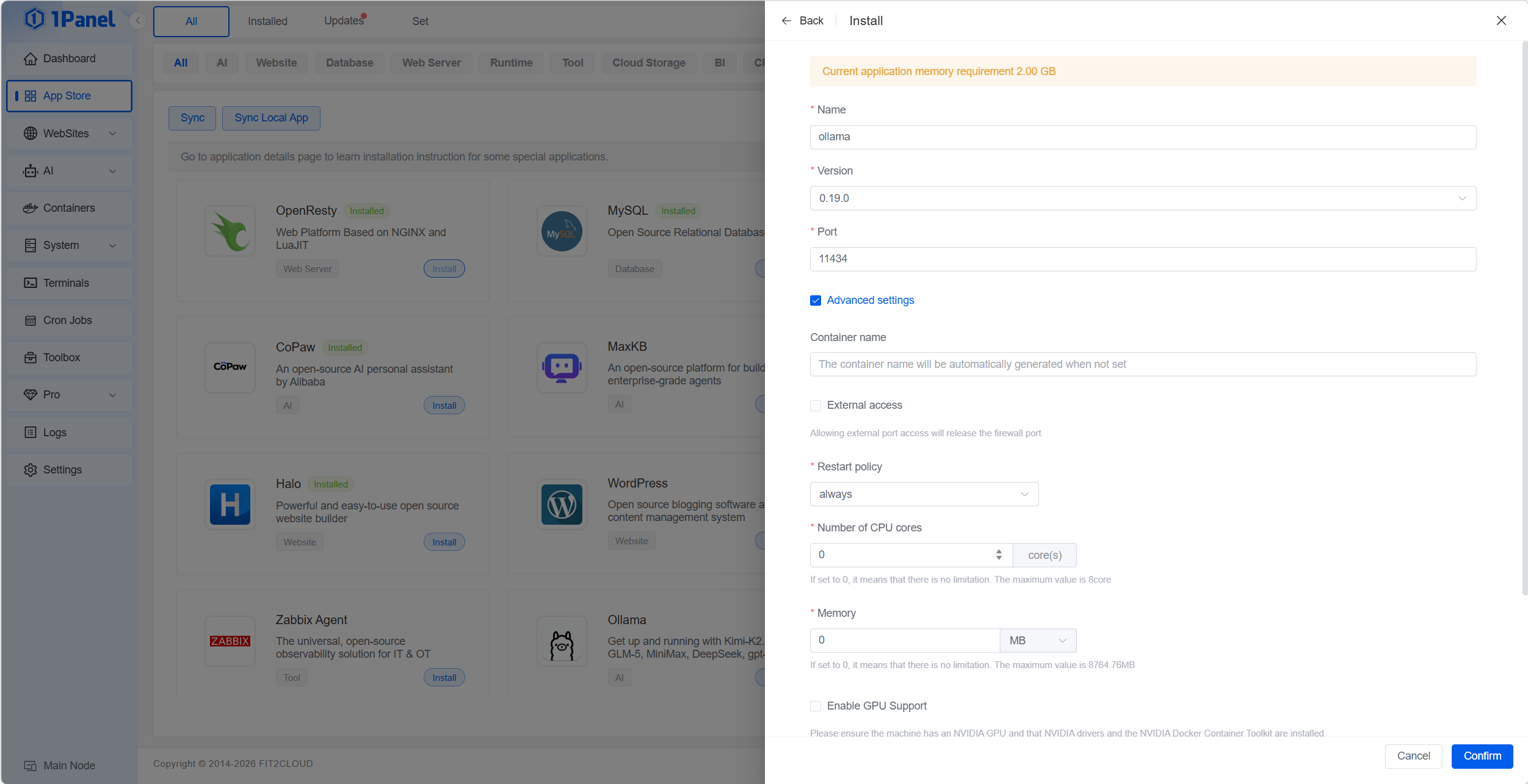 Install Ollama in 1Panel App Store