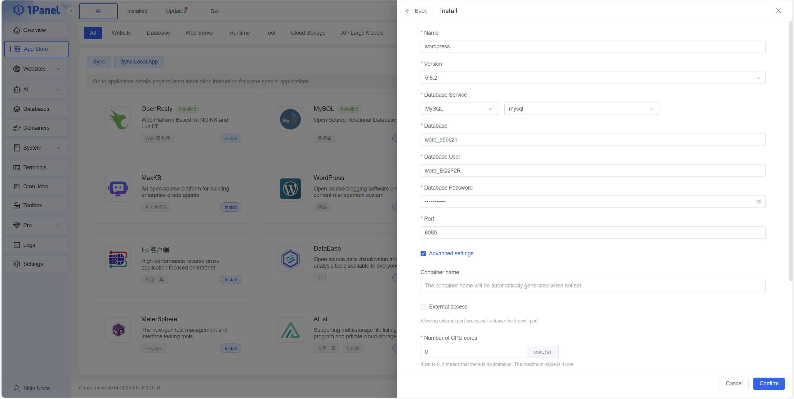1Panel one-click app installation interface