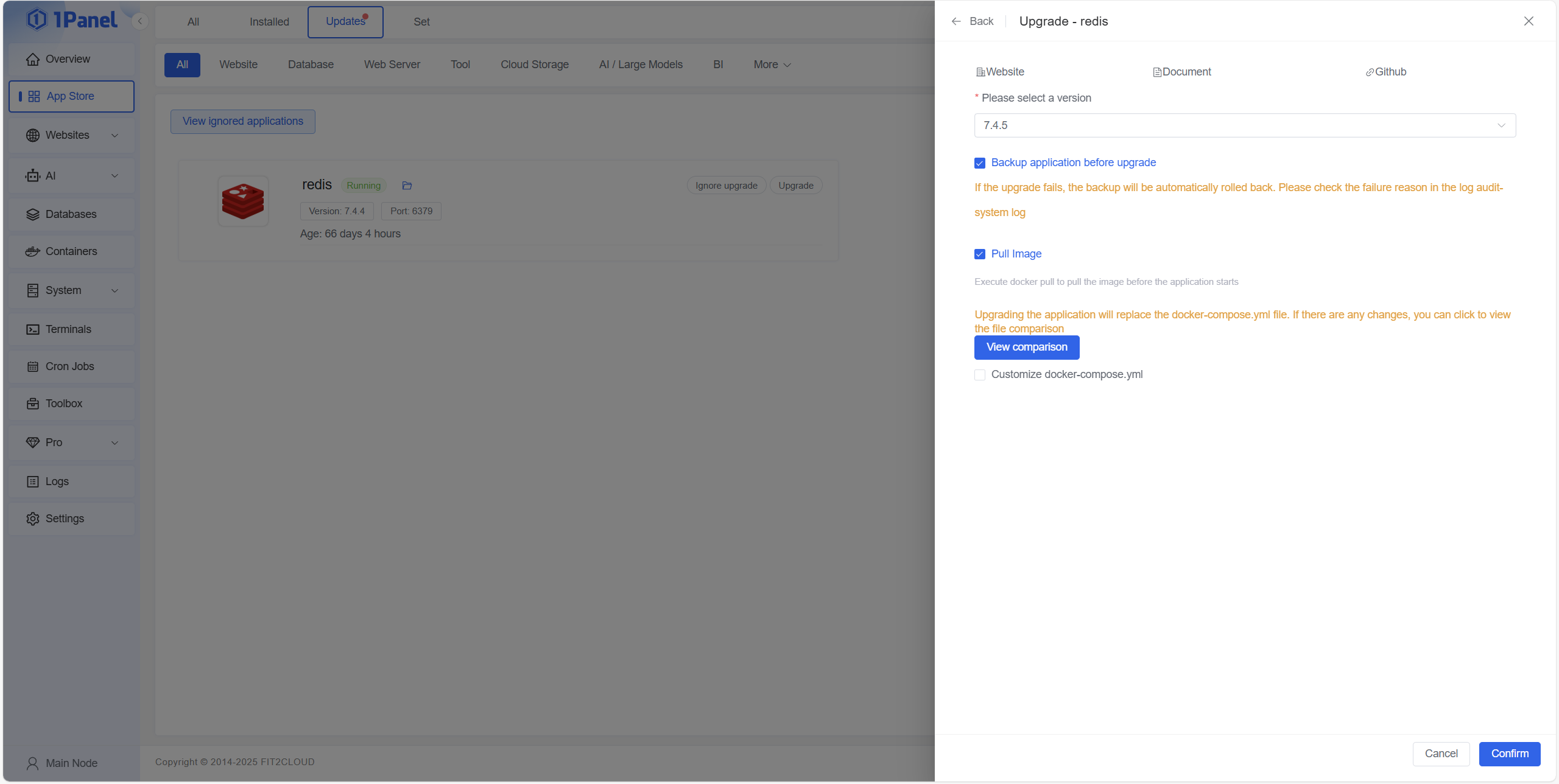 1Panel app update management interface