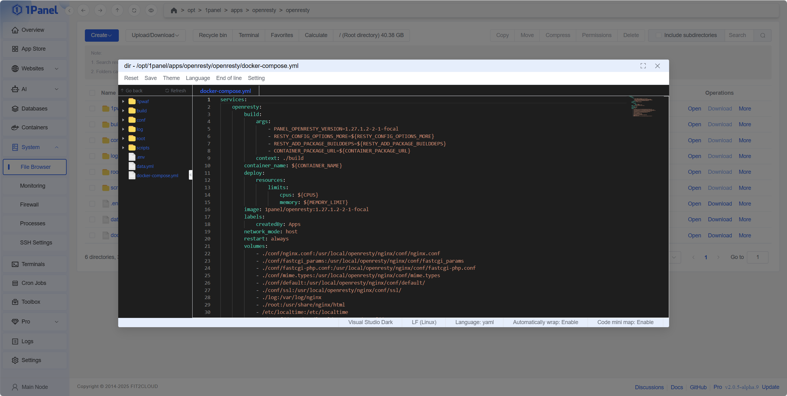 1Panel web file manager interface