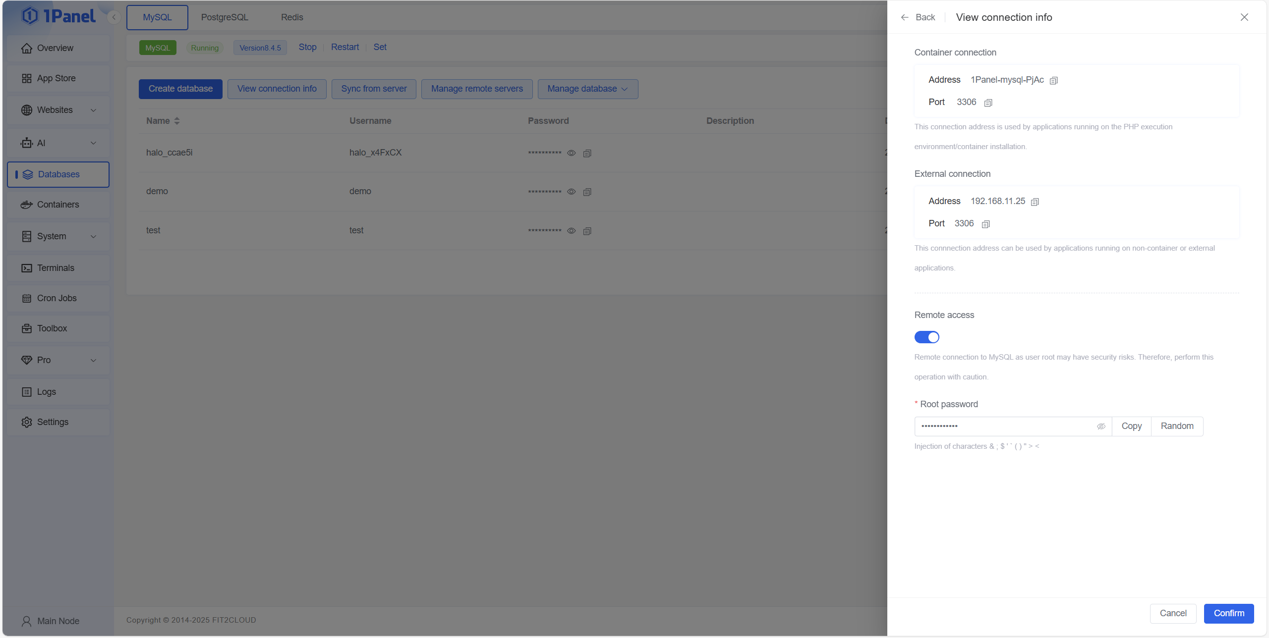 1Panel database management interface