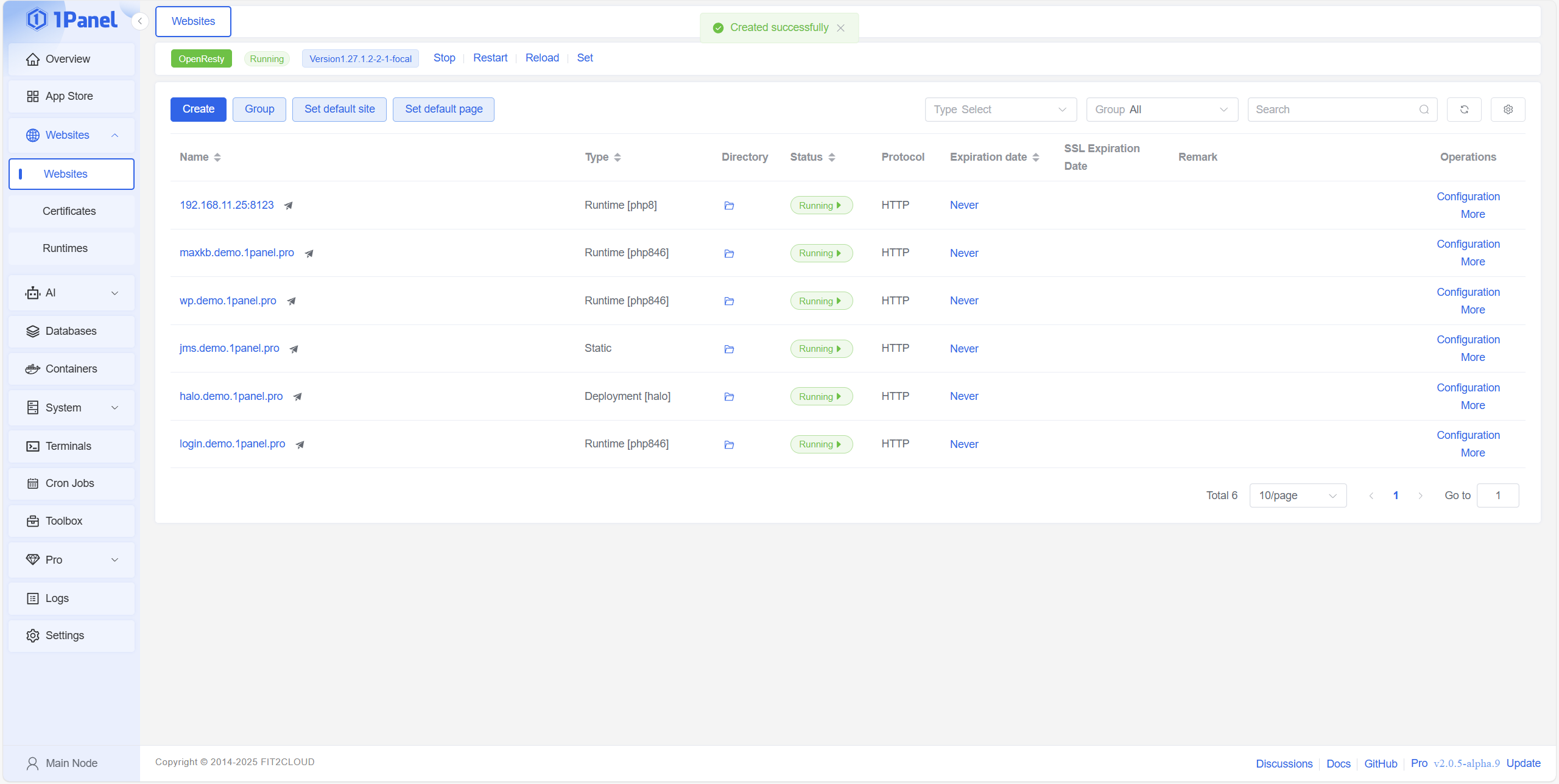 1Panel multi-site management interface
